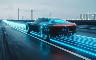 Electric car moving through city highway. Autonomous driving concept. Modern transportation and innovation.  Banner, poster, advertisement. Sensors scanning surrounding