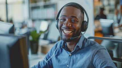 Obraz premium Smiling Customer Service Representative Assisting Clients in Modern Office Environment During Daytime