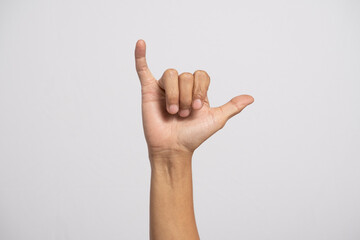 Deaf alphabet letter Y by hand. Letter 'Y' in sign language, isolated on a white background. Hand...