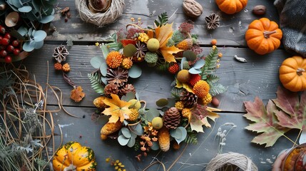 Autumn crafting decorations from natural materials. Weaving an autumn wreath for decoration from pine cones and various leaves.
