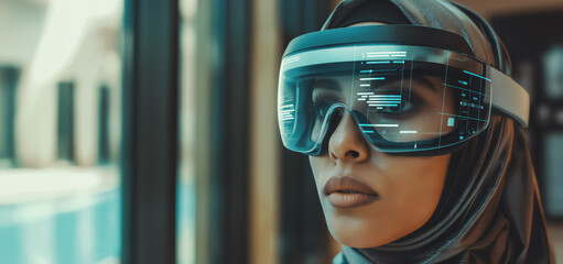 Middle eastern woman wearing smart augmented reality goggles. Generative AI
