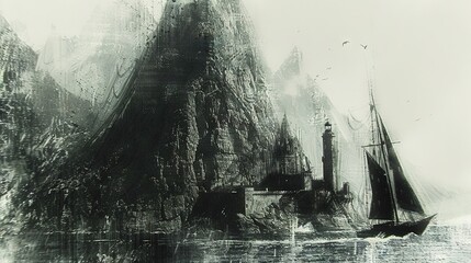 Fototapeta premium A monochrome image of a castle on water with a mountain in the backdrop