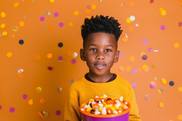 Naklejka premium black little boy holding a bucket full of candy corn on an orange solid color background with purple black orange and gold confetti