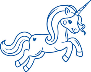 Energetic unicorn from fairy tales for girls, jumping on ground or flying in sky. Hand drawn.
