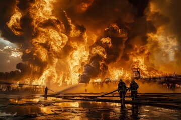 Firefighters Battling Intense Blaze at Industrial Oil Storage Facility - Dramatic and Dangerous Scene