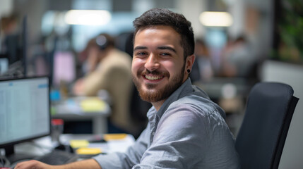 Obraz premium Young Man With Beard Smiling at His Desk in Modern Office Environment