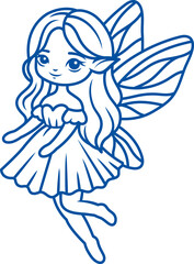 Elf girl with angel wings and pointy ears flies in air and makes wishes come true. Hand drawn.