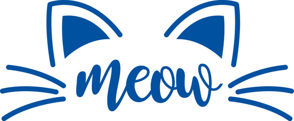 Meow emblem with cat ears and whiskers for design of funny baby hat or baseball cap. Hand drawn.