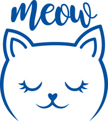 Face cat under meow inscriptions, for product design and for owner of kittens. Hand drawn.
