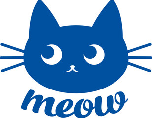 Logo with kitten looking up and word meow for petting zoo cafe where can play with cats. Hand drawn.