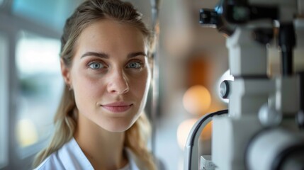 Fototapeta premium Female Optometrist with Ophthalmology Equipment