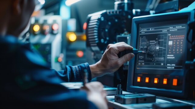 Machinist Programming CNC Machine with Digital Interface and G Code Visible on Screen for Industrial Automation