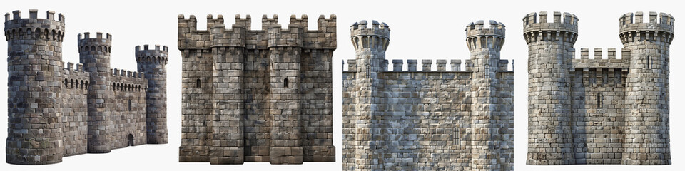 set of detailed medieval castle wall with crenellations, Intricate Medieval Castle Wall, Detailed Stone Wall of a Medieval Fortress, a Medieval Castle, on a transparent backgrounds