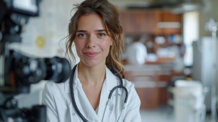 Fototapeta premium Woman doctor in a lab coat with stethoscope