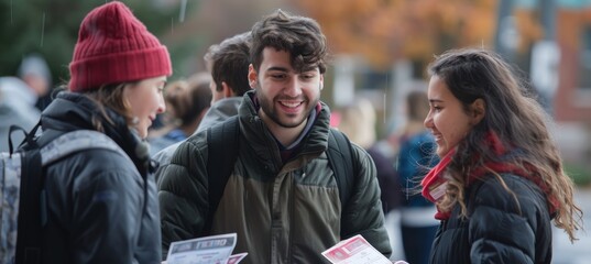 Community Activism: Students Distribute Flyers for Local Event in Autumn Weather
