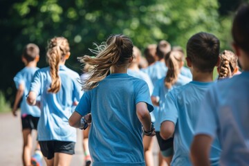 Youth Charity Run: Determined Classmates in Matching T-Shirts Participating in Group Race