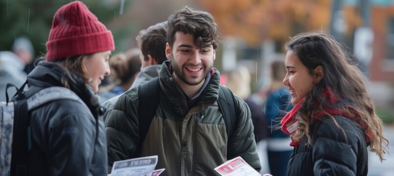 Community Activism: Students Distribute Flyers for Local Event in Autumn Weather