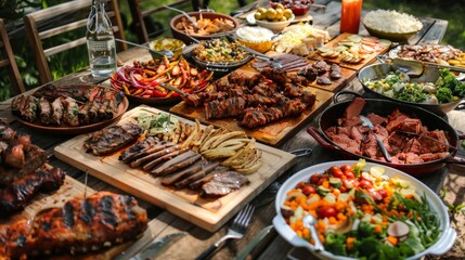 Obraz premium Festive Outdoor BBQ Feast with Delicious Grilled Dishes and Fresh Vegetables for Summer Gatherings