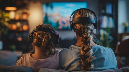 Obraz premium Mother and Daughter Watching TV with Headphones