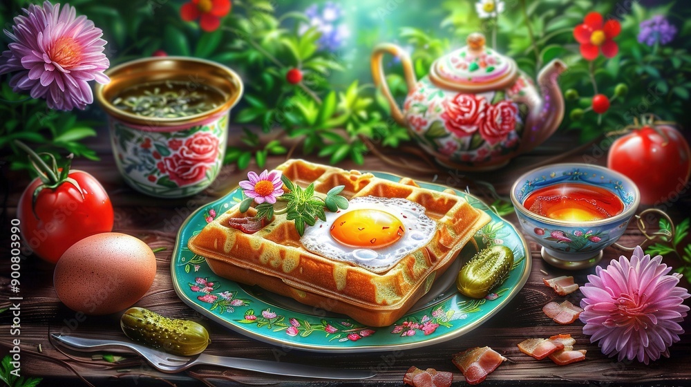 Wall mural   A painting depicts a plate of waffles with an egg and cup of tea beside it