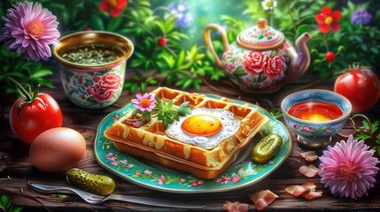   A painting depicts a plate of waffles with an egg and cup of tea beside it