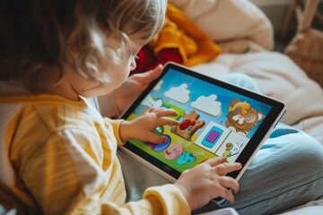 Child Engaged in Interactive Learning on Tablet - Fun and Educational Home Activity