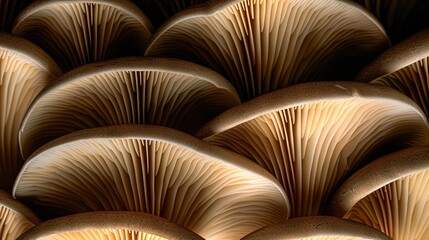   A close-up of mushrooms cut in half and stacked on top of each other