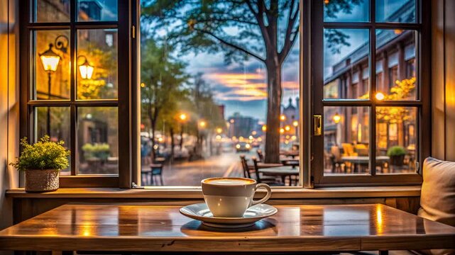Dark-Toned Coffee Shop with Wooden Texture to Rainy Evening Street through Open Window with Hot Coffee Cup