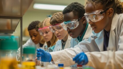 Diverse Group of Students Conducting Science Experiment in Laboratory with Teacher Guidance