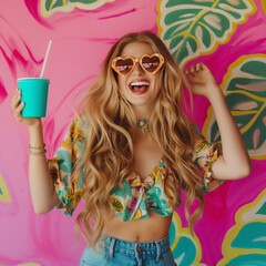 Vibrant young long blonde hair woman heart-shaped sunglasses colorful floral top holding blue drink cup smiling cheerfully. Bright pink, green red floral designs background expressing joy, summer fun
