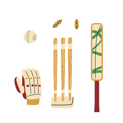 Cricket set. Sport equipment. Bat, ball and wickets with glove kit. Vector hand drawn flat collection illustration isolated on white background.