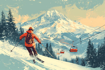 A Skier Descends Towards a Snowy Mountain Range