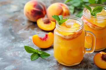 Fototapeta premium Summer cold drinks. Homemade peach lemonade with ice cubes.