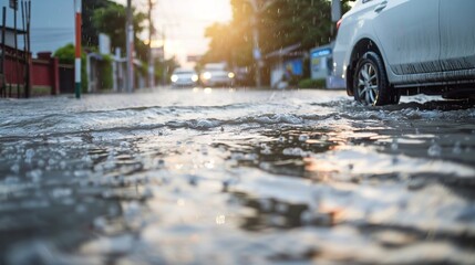 A Car Driving Through Flooded City Street During Sunset