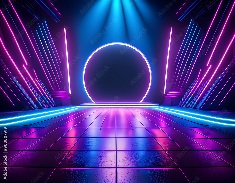 Poster firefly neon light stage- a dramatic scene of an empty stage illuminated by neon lights, with a dark