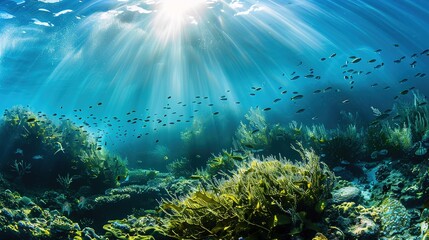 Sunbeams Illuminate Underwater Coral Reef With Fish Swimming