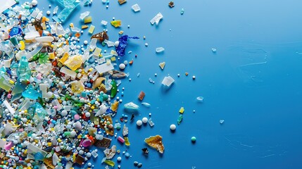 Colorful Plastic Pieces Scattered on Blue Background