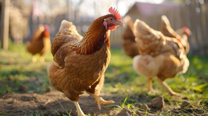 Brown Chicken Walking in a Green Grassy Yard on a Sunny Day