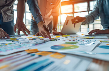 Working group gathered around a table studying company statistics to improve various aspects of the company