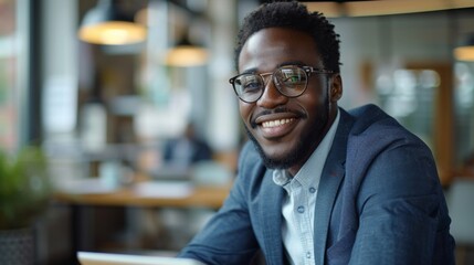 Obraz premium Smiling Professional in Modern Office Setting