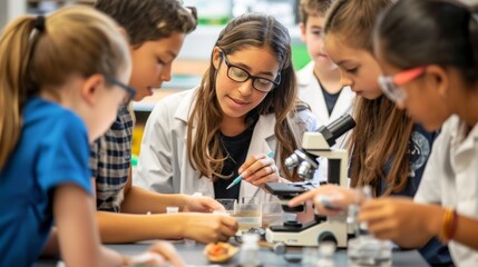 Biology Lab Class: Teacher Guiding Students with Microscope and Specimens for Exploration and Learning