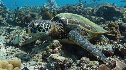 Fototapeta premium Green Sea Turtle Resting on Coral Reef in the Ocean