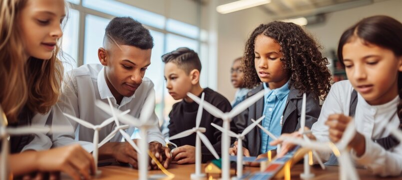 Students Engaged in Renewable Energy Learning with Wind Turbine and Solar Panel Models
