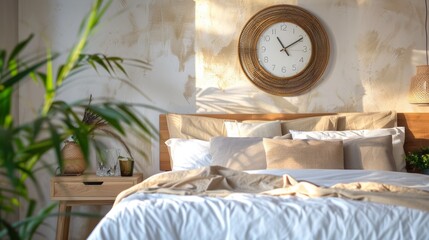 Eco-Friendly Alarm Clock in Minimalist Bedroom Decor, Sustainable Materials for Green Living