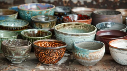 Assorted Handmade Pottery Bowls with Unique Textures and Glazes Perfect for Artistic Display or Home Décor