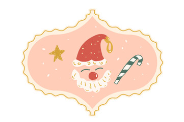 Christmas damask badge. Santa Claus Happy New Year retro design. Vector hand drawn flat illustration isolated on white background.