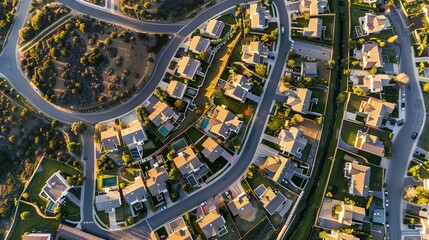 Aerial View of Suburban Homes in a Residential Neighborhood at Sunset