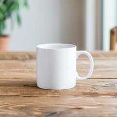 Fototapeta premium Minimalist White Coffee Mug Mockup on Wooden Table for Branding Concepts