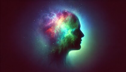 Obraz premium Abstract Silhouette of Human Head with Vibrant Multicolored Nebula to Represent Mind, Imagination, and Universe Connectivity