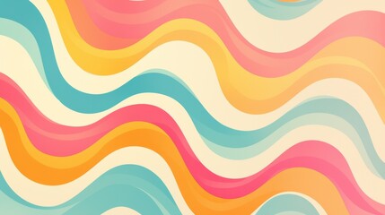 Abstract Horizontal Background with Colorful Waves in Retro 60s and 70s Style, Featuring Pastel Colors